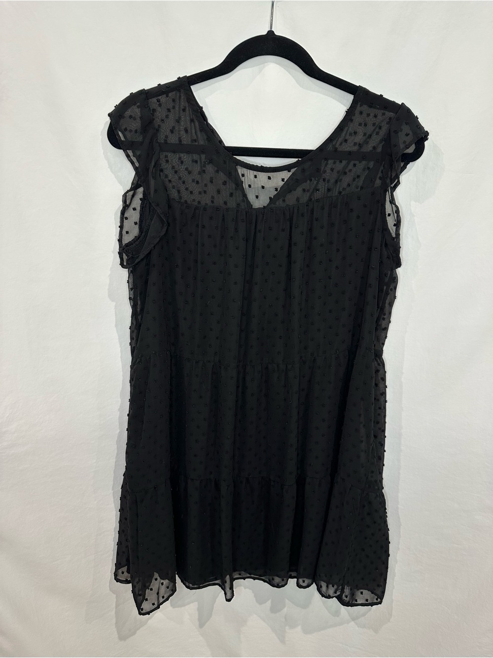 Black Swiss Dot Mini Dress with Sheer Overlay